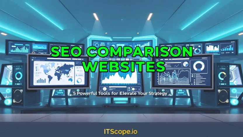 SEO comparison websites illustration showing analytical tools and comparison charts for strategic insights