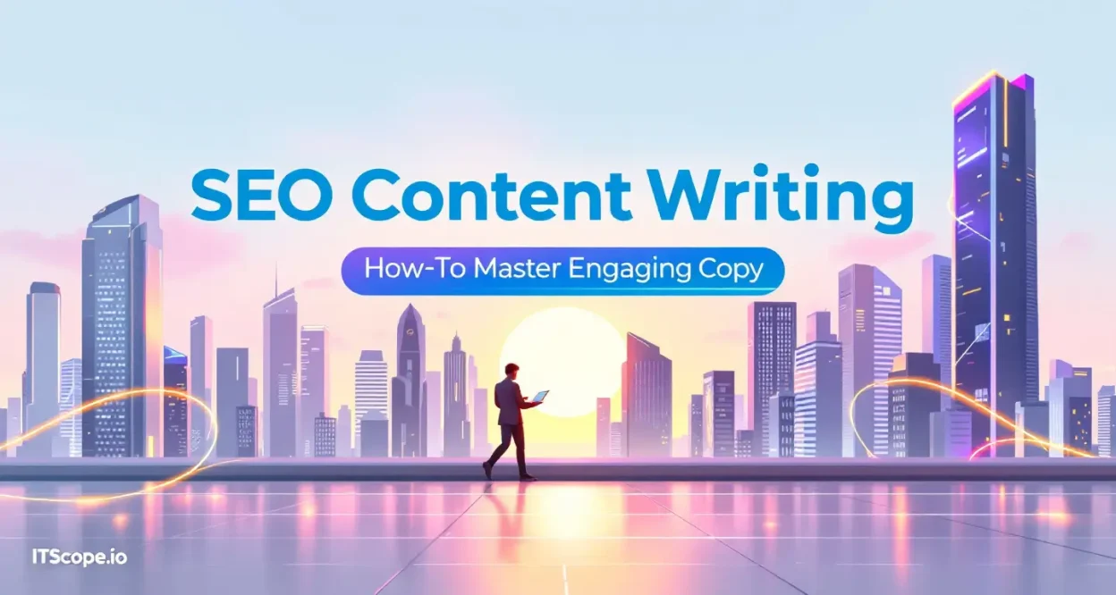 SEO Content Writing illustration showcasing steps for effective and engaging copy