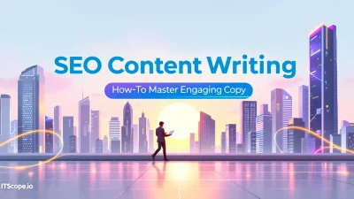 SEO Content Writing illustration showcasing steps for effective and engaging copy