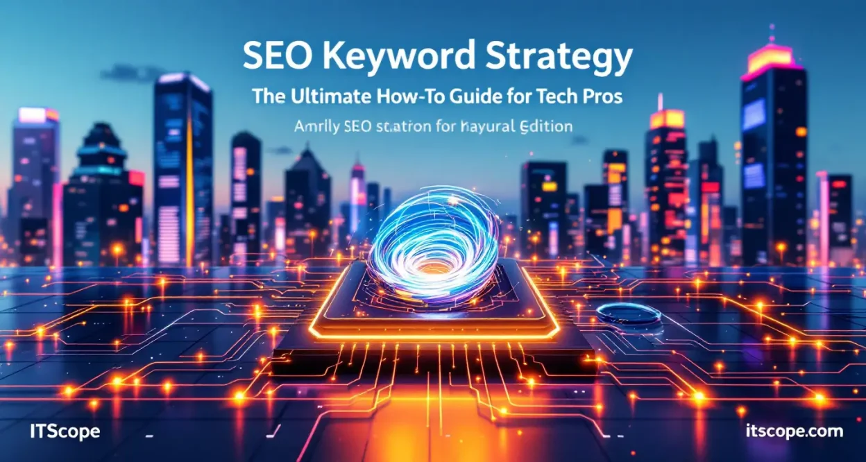 SEO Keyword Strategy illustration with digital marketing elements