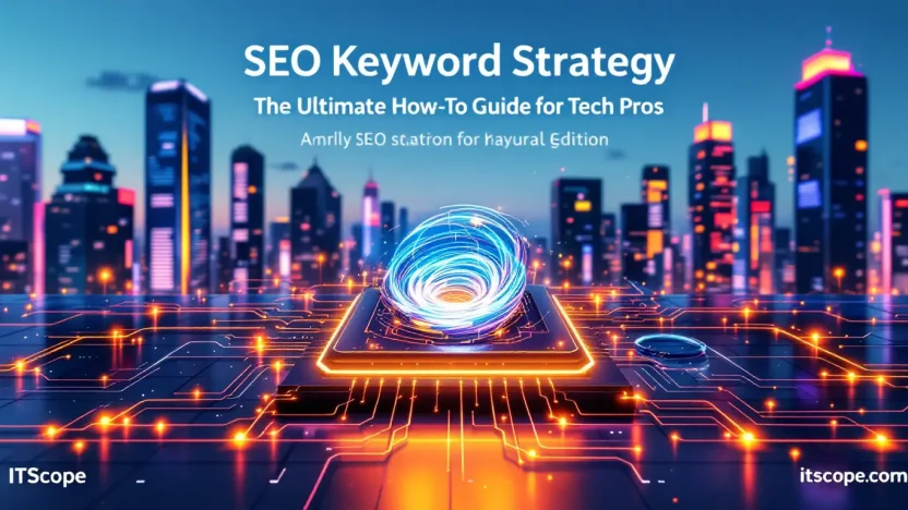 SEO Keyword Strategy illustration with digital marketing elements