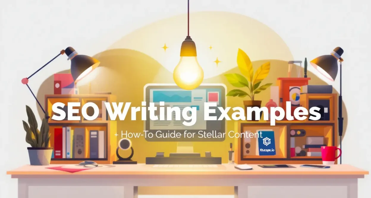 SEO Writing Examples How-To Guide illustration with a writer's desk and glowing light bulb