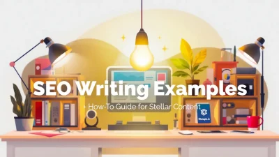 SEO Writing Examples How-To Guide illustration with a writer's desk and glowing light bulb